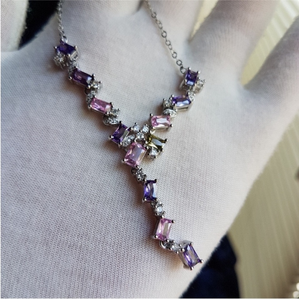 Swarovski Elements Platinum Multicolor Pink & Purple Gem Geometric Necklace NEW - Picture 4 of 13